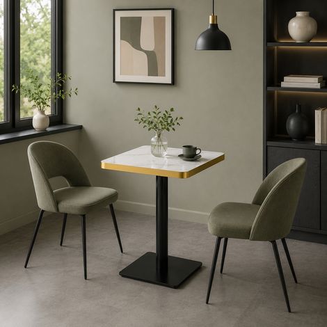 Table de salle à manger carrée 60x60x74 cm en MDF blanc effet marbre, facile à monter FloraGrace (1/5)
