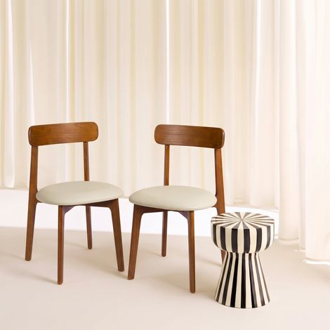 Lot de 2 chaises vintage bois d'hévéa et simili cuir - Victoire Noyer / Beige (1/5)