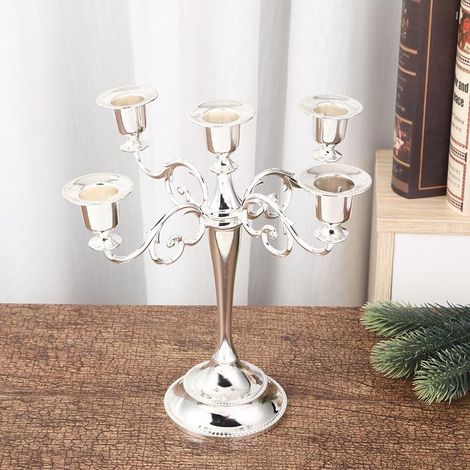 Bougeoir Argenté 5 Branches - Chandelier en Métal pour Déco de Table, Bougeoirs Classiques pour Mariage et Cheminée, Lot de 5 Bras (1/5)