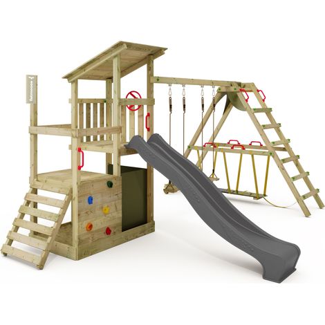 FATMOOSE Torre gioco FruityForest con altalena SurfSwing e scivolo, torre da arrampicata con sabbiera, scala e accessori da gioco - antracite