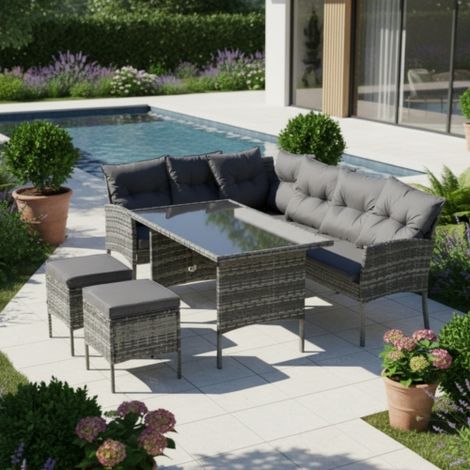Poly Rattan Sitzgruppe Esstisch Lounge Gartenmöbel Sitzgarnitur Garten-Garnitur Set, Gartenlounge für 7 Personen, mit Sofa, Tisch, Hocker & Kissen, abnehmbarer und waschbarer Stoffbezug,grau