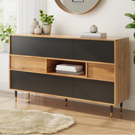 Vitrine 140x40x84,5 cm avec 2 tiroirs, niche ouverte, portes abattantes et latérales, bois naturel noir mat (1/5)