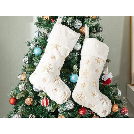 Chaussette De Noël - Fourrure Synthétique Blanche - Flocon De Neige Doré - 56 cm - Décoration Arbre De Noël Cheminée - 2 Pièces (1/5)