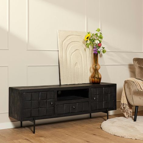 Meuble TV bois noir 2 portes décor damier UDA