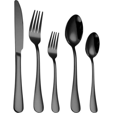 Ensemble de couverts de style western en acier inoxydable (5 pièces, noir) : couteaux, fourchettes et cuillères. (1/5)
