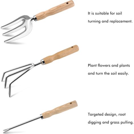 Ensemble de 5 outils de jardin en acier inoxydable avec manche en bois, idéal comme cadeau pour femmes et hommes : charrue, râteau, pelle et désherbeur. (1/5)
