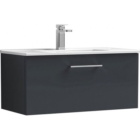 Nuie Arno Satin Soft Black 800mm Wall Hung Single Drawer Vanity Unit and Minimalist Ceramic Basin - ARN1425B (1/5)