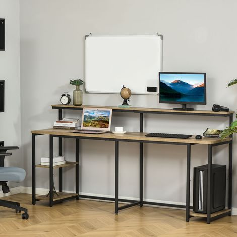 Escritorio doble de estilo industrial con estantes y repisa para monitor, escritorio-librería que ahorra espacio para oficina y estudio en metal y MDF, 200x53x100cm, negro/marrón (1/5)