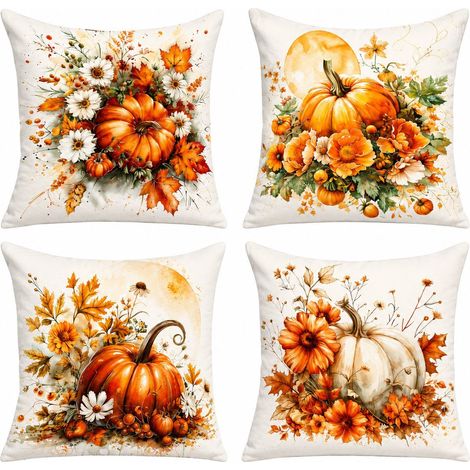 Lot de 4 housses de coussin automne 45x45 cm, taies décoratives citrouille et feuilles pour décoration intérieure-A (1/5)
