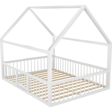 Cama cabaña de metal blanca 140 x 200 cm con barreras de seguridad, sin colchón (1/5)