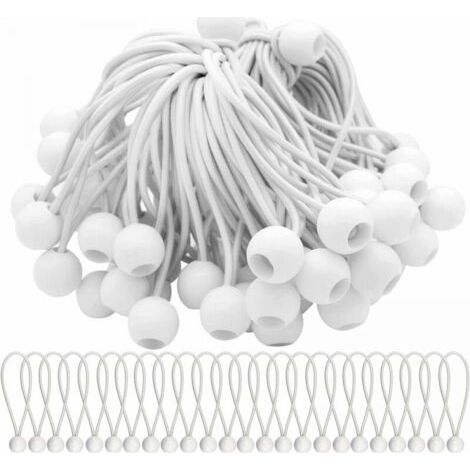 Confezione da 50 corde elastiche bianche da 200 mm, con pallina, ideali per tendoni, tende, striscioni e teloni. (1/4)