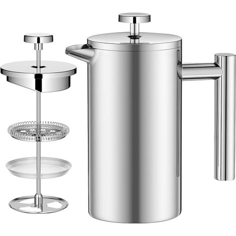 Cafetière à Piston 1000mL, French Press en Acier Inoxydable, Double Paroi Cafetiere avec Filtre 3 Couches, Cafetière Pression pour Maison, Voyage, Camping, Argent (1/5)