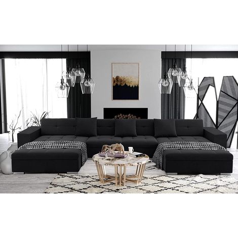 Tendencio – Canapé d'angle panoramique XXL en U – Tissu 100% polyester – Structure bois avec ressorts nosag – Longueur 390 cm – Hauteur 76 cm