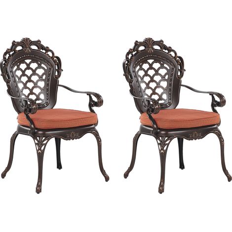 Conjunto de 2 sillas de comedor de jardín marrón de aluminio con cojines de asiento de poliéster estilo vintage Lizzano