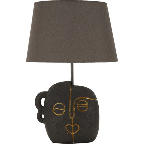 Lampada da tavolo Tribal A in resina marrone e oro con paralume in tessuto