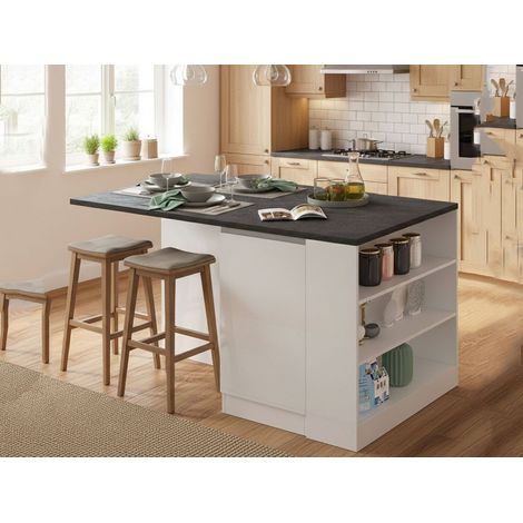 Dmora - Isla de cocina Osvaldo, mesa auxiliar de almacenaje, 100% Made in Italy, 160x90h90 cm, Blanco brillo y pizarra, con embalaje reforzado (1/5)