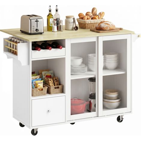 HOMCOM isla de cocina con encimera abatible, ruedas, puertas correderas de vidrio, botellero, cajón, especiero y estante ajustable, blanco y roble (1/5)