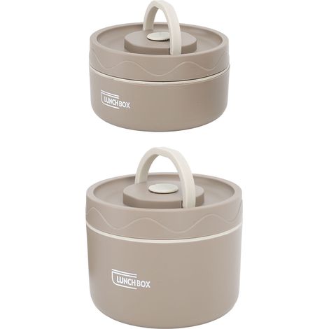 Contenitore termico per il pranzo in acciaio inox 304, rotondo, multifunzionale, portatile, bento box, sigillato con sacchetto color caffè intenso, 2 pezzi. (1/5)