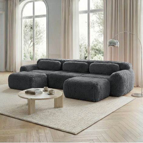 Sofá modular en U de tejido peluche, sin montaje, base antideslizante, gris DESVIAE (1/5)