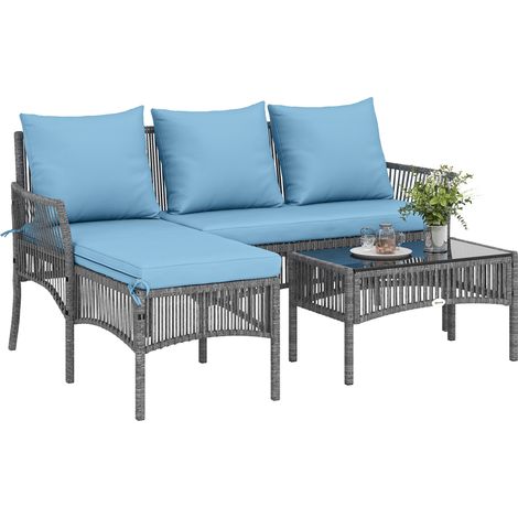 Outsunny conjunto de jardín de ratán con 1 sofá de 2 plazas, 1 sofá esquinera, 1 mesa de centro con tablero de vidrio, cojines, azul claro