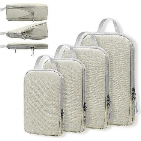 Ensemble de 4 organisateurs de bagages à compression beiges pour ranger vêtements, chaussures et accessoires en voyage.-AquaForge (1/4)