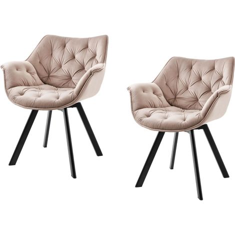 Lote de 2 sillas de diseño COMFY giratorias 180° en terciopelo beige champán capitonado y patas negras (1/5)