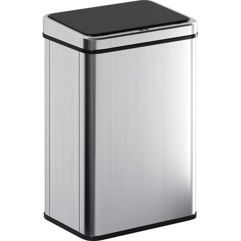 Poubelle automatique 40L en acier inoxydable argenté, capteur intelligent, couvercle à fermeture silencieuse, idéale pour cuisine.