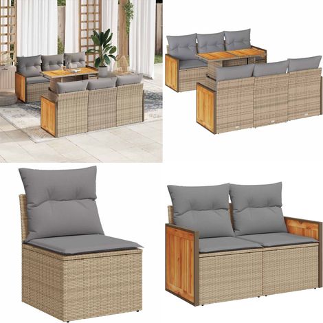 vidaXL Salon de jardin avec coussins 7 pcs beige résine tressée acacia (1/5)
