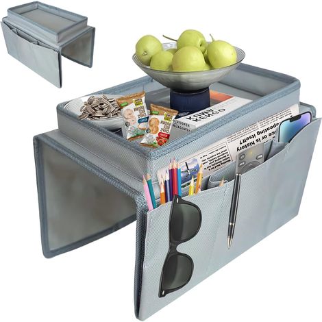 Plateau Accoudoir Canapé,Plateau Canape,Tissu Oxford Organisateur de Canapé pour Livres,Magazines,Téléphones Portables,Télécommandes,Snacks,Lunettes,Boissons,Mouchoirs (Gris) (1/5)