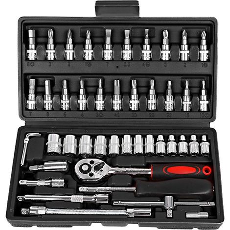 Coffret 46 outils cliquet douilles, tournevis 1/4", kit réparation auto moto mécanique avec étui rangement, pour atelier ou route (1/5)