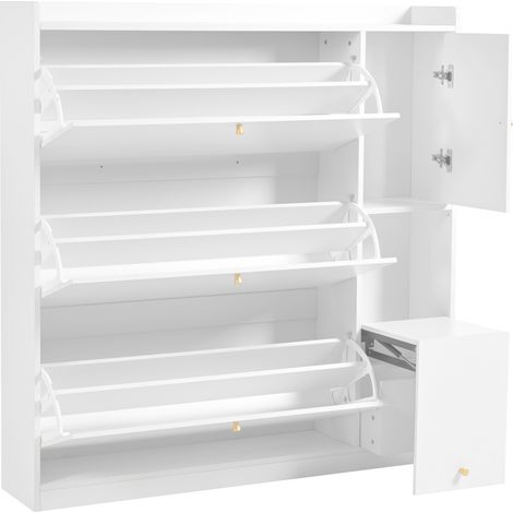 Zapatero con 3 cajones abatibles, banco plegable y cajón, 119x24x122 cm, blanco (1/5)