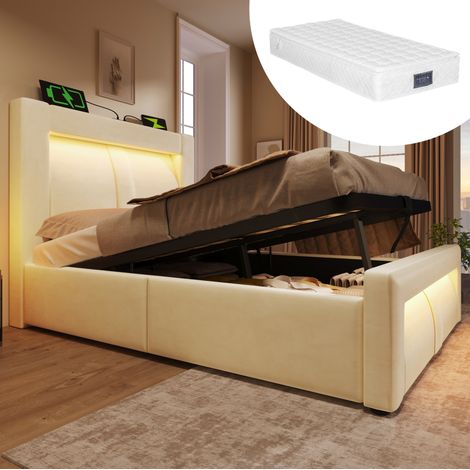 letto contenitore 90x200 LED USB velluto beige HAVRYA (1/5)