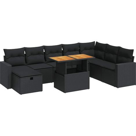Set sofás jardín y cojines 9 pzas ratán sintético acacia negro vidaXL (1/5)