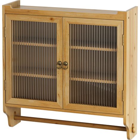 Vintage-Wandschrank mit 2 Glastüren, 3 Ablagen und Handtuchhalter, naturfarben, 63 cm (1/5)