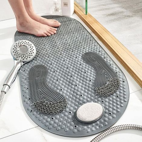 Tappetino doccia antiscivolo con pietra pomice rimovibile, tappetino doccia grande con ventose e fori di drenaggio, tappetino da bagno 80x40 cm (grigio) (1/5)