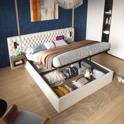 Lit coffre 180x200 avec 2 chevets intégrés, lit double avec rangement hydraulique, liseuse et ports USB, velours beige (1/5)