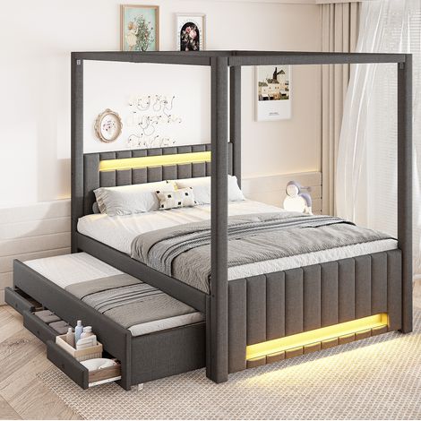 Letto adulti 140x200 cm con letto aggiuntivo, LED e 3 cassetti in lino, grigio, senza materasso (1/5)