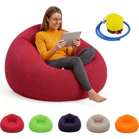 Fauteuil Gonflable avec Pompe,PVC avec Surface Floquée,Canapé Lazy No Bean Bag Doux Lavable, Portable Pliable pour Salon, Chambre, Camping, Piscine,Intérieur et Extérieur (Rouge) (1/5)