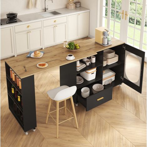 Îlot de cuisine mobile 120-180 x 60 x 90 cm avec plateau pivotant à 360°, rangement, tiroir, porte en verre strié et étagère réglable, MDF bois clair et noir – CHICFURN (1/5)
