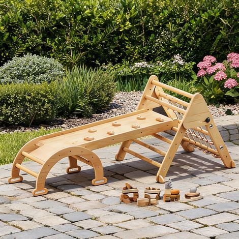 Triangle d'escalade 8 en 1 en bois pour enfants avec toboggan (1/5)