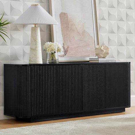Buffet meuble TV 162,5 x 38 x 61 cm à 4 portes, rangement avec motif ondulé, MDF noir pour salon