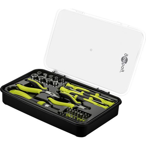 goobay Juego de herramientas de mano de 49 piezas, juego de herramientas móviles para bricolaje y viajes, destornillador, juego de brocas, llaves de vaso, portabrocas, extensión de punta, cortador
