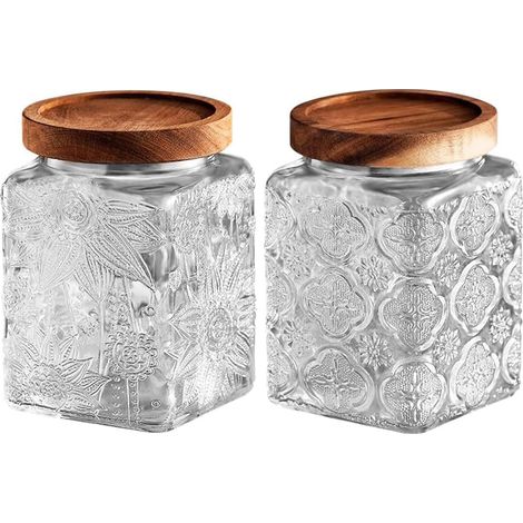 Lot de 2 bocaux de rangement en verre avec couvercle en bois hermétiques pour grains de café, thé en vrac, sucre (bégonia transparent, tournesol, carré, 800 ml) (1/5)