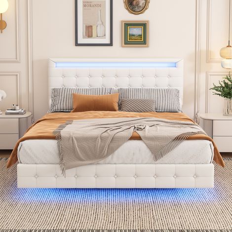 Lit double 140x200, sommier à lattes, éclairage LED intégré, suspension, revêtement polyuréthane blanc, tête ajustable sur 3 hauteurs, ambiance moderne (1/5)