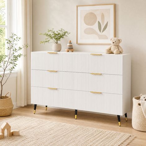 Aparador moderno con 6 cajones, 120 x 77 x 40 cm, blanco y dorado HAVRYA (1/5)