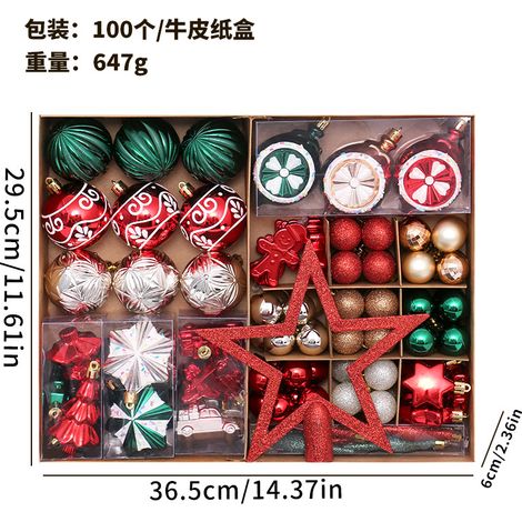 Ensemble de 100 boules de Noël exquises, peintes en rouge et blanc, en forme d'étoile, à suspendre au sapin.