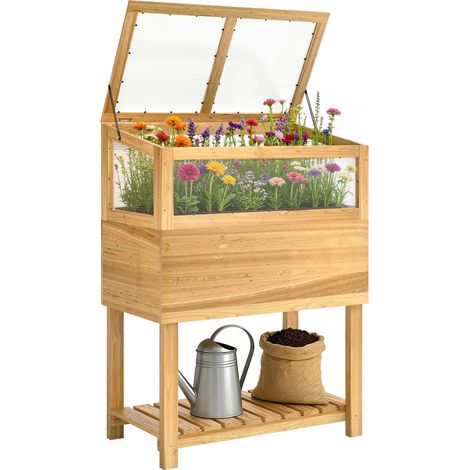 Carré Potager sur Pieds avec Serre en Bois avec Couvercle Relevable, Étagère de Rangement, 80x45x108,5cm, Naturel