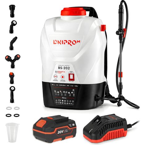 Pulverizador a batería Dnipro-M BS-202, 20 V, depósito 12 L, 5 bar, 6 boquillas, batería 4 Ah y cargador (1/5)