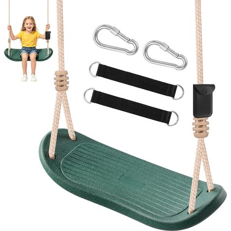 Balançoire d'arbre pour Enfants - Siège Ergonomique résistant jusqu'à 120 kg, avec Cordes réglables et 2 mousquetons, pour Jardin et Aire de Jeux extérieure, Vert (1/5)