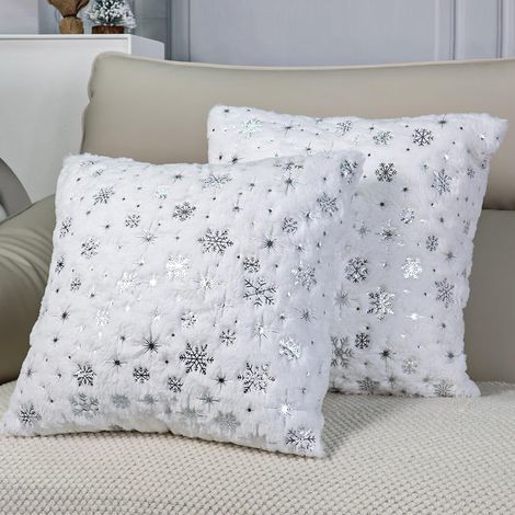 Housses de Coussin de Noël Imprimées de Paillettes Flocons de Neige 18'' x 18'' Set de 2, Housses de Coussin Déco en Fausse Fourrure Douce pour Canapé, Convertible, Fermeture Invisible (1/4)